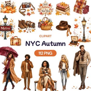 May include: A digital collection of NYC Autumn themed clipart featuring watercolour illustrations of raccoons, pumpkins, cameras, autumn leaves, books, scarves, gloves, boots, picnic baskets, hats, street lamps, suitcases, and people in seasonal attire.