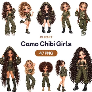 Puede incluir: Una colección de ilustraciones digitales con personajes chibi que visten ropa con estampado de camuflaje, incluyendo pantalones cargo, chaquetas y sudaderas. El texto dice CLIPART, Camo Chibi Girls y 47 PNG. Los personajes tienen varios peinados.