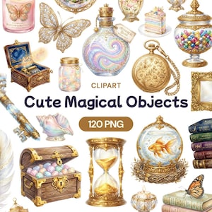 Puede incluir: Una colección de objetos mágicos ilustrados, incluyendo una mariposa, un reloj de bolsillo, un cofre del tesoro y un globo de nieve con un pez dorado. También se ve el texto "Cute Magical Objects" y "120 PNG".