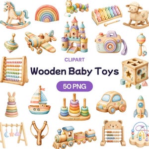 May include: A collection of wooden baby toys including a rocking horse, rainbow, caterpillar, xylophone, sheep, spinning top, airplane, castle, camera, rattle, abacus, shape sorter, stacking rings, sailboat, car, rocket, train, and bead maze with text CLIPART Wooden Baby Toys 50 PNG.