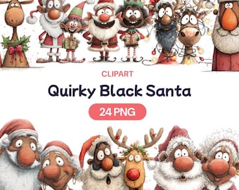 May include: A collection of whimsical illustrations featuring Black Santa Claus figures and reindeer, all wearing festive red and white outfits. The image includes the text "Quirky Black Santa" and "24 PNG".
