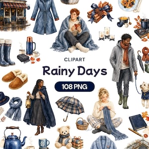 May include: A digital collection of watercolour illustrations titled CLIPART Rainy Days 108 PNG, featuring cosy scenes with people in jumpers, raincoats, boots, umbrellas, hot beverages, cinnamon sticks, candles, a teddy bear, and books.
