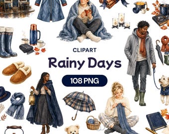 Cozy Autumn Rainy Day Clipart, Moody Fall PNG Graphics, People, Warm Beverages