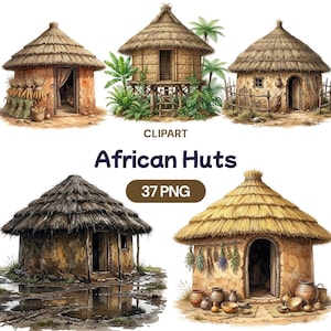 May include: Watercolor illustration of five African huts with thatched roofs. The huts are in various styles, some with open doorways and others with decorative elements. The image includes the text "African Huts" and "37 PNG".