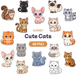 Puede incluir: Una colección de imágenes prediseñadas de gatos de dibujos animados en varios colores y patrones. La imagen incluye el texto "Cute Cats" y "48 PNG". Los gatos están en diferentes poses y tienen ojos grandes.
