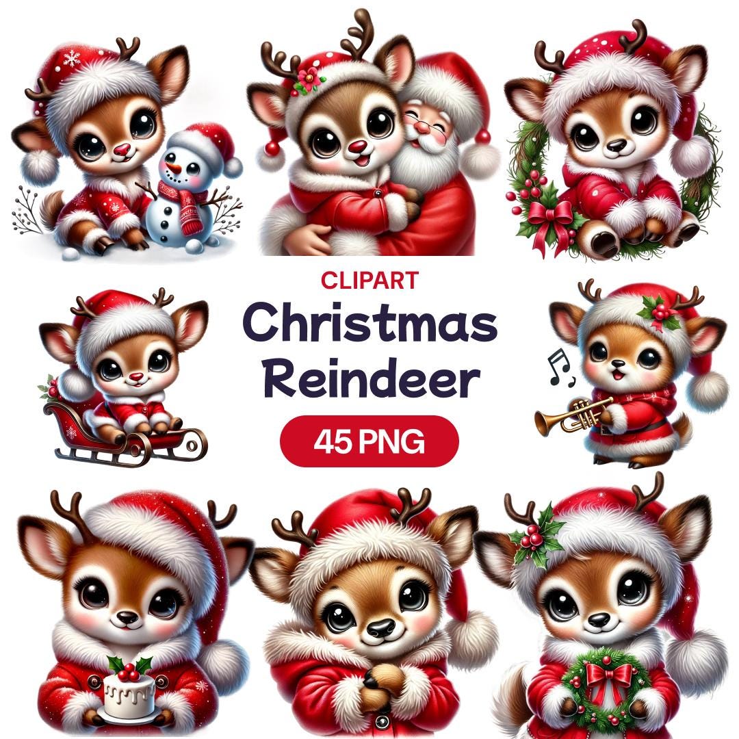 Christmas Reindeer Clipart, Cute Watercolor Winter Deer Fawn Calf Xmas ...