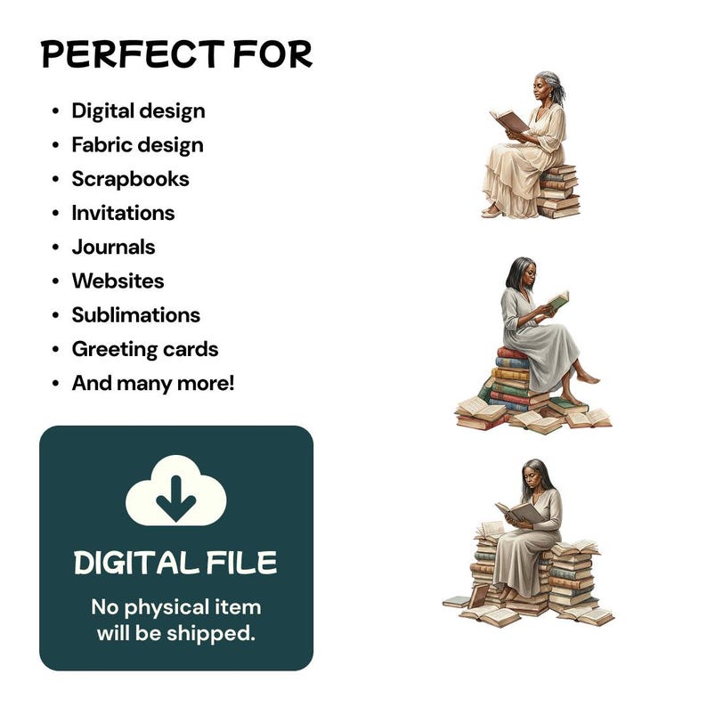 May include: Image advertising digital design resources. Text states "PERFECT FOR" and lists uses such as digital design, fabric design, scrapbooks, invitations, journals, websites, sublimations, and greeting cards. A digital file is available, with no physical item shipped.