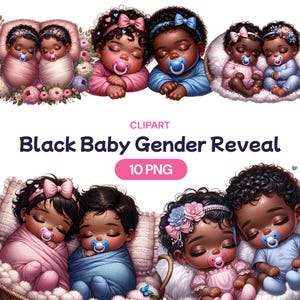 Sexe bébé noir révéler des cliparts, mignon aquarelle afro-américain endormi garçon et fille PNG, licence d'utilisation commerciale bébés fantaisistes kawaii