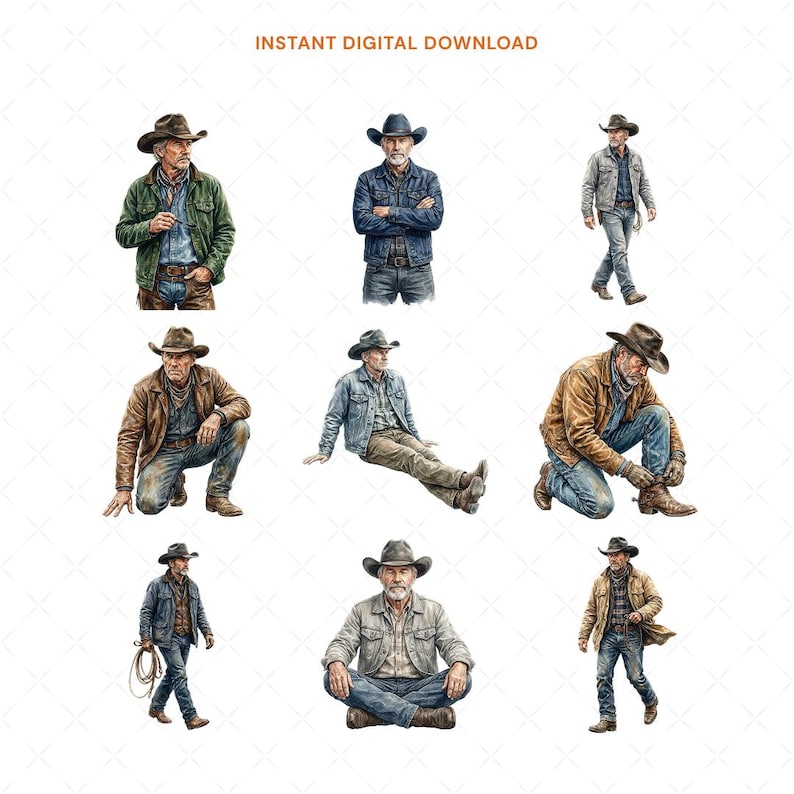 May include: Watercolor illustrations of a cowboy in various poses, wearing a cowboy hat, denim jacket, and jeans. The images include the text "INSTANT DIGITAL DOWNLOAD" at the top. The cowboy is depicted standing, sitting, and kneeling.