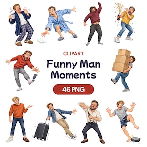 Può includere: Una raccolta di illustrazioni digitali intitolata CLIPART Funny Man Moments 46 PNG, che mostra vari personaggi dei cartoni animati in situazioni quotidiane umoristiche, tra cui versare bevande, far cadere oggetti e trasportare scatole.