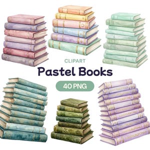Puede incluir: Clipart de acuarela de pilas de libros en colores pastel. La imagen incluye pilas de libros en tonos rosa, morado, azul, verde y amarillo. También se incluye el texto "Pastel Books" y "40 PNG".
