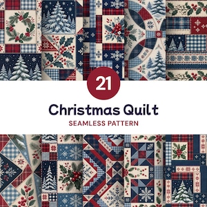 May include: A collection of 21 Christmas quilt seamless patterns featuring festive designs. The imagery includes snowy pine trees, holly berries, snowflakes, and plaid fabric textures in shades of navy blue, deep red, and cream white.