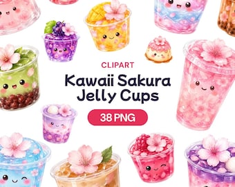 Kawaii Sakura Jelly Cups Clipart, Cute Cherry Blossom Dessert PNG, Japanese Spring Sweets Graphic, Chibi Drink Art