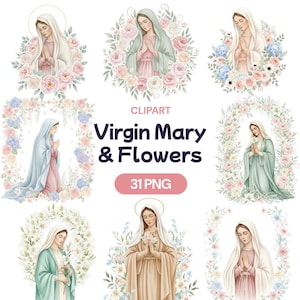 Könnte beinhalten: Aquarell-Clipart mit Illustrationen der Jungfrau Maria, umgeben von Blumenarrangements. Die Bilder zeigen die Jungfrau Maria in verschiedenen Posen, mit sanften Pastellfarben und zarten Blumenkränzen. Der Text lautet "Virgin Mary & Flowers" und "31 PNG".
