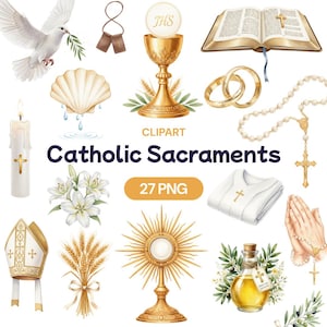 Clipart dei Sacramenti Cattolici, acquerello cristiano PNG, arte del Santo Battesimo, grafica dell'Eucaristia, anello nuziale, illustrazione della Cresima