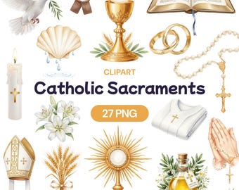 Catholic Sacraments Clipart, Watercolor Christian PNG, Holy Baptism Art, Eucharist Graphic, Wedding Ring, Confirmation Illustration