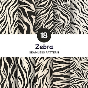 May include: A collection of 18 seamless zebra patterns featuring black and white stripes in various orientations and densities. The text 18 Zebra SEAMLESS PATTERN is centred in a black circle against a white background.