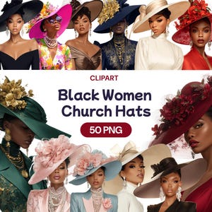 Clipart di cappelli da chiesa per donne nere, devota afroamericana che prega in formato PNG, abiti glamour, migliore moda cristiana, licenza per uso commerciale