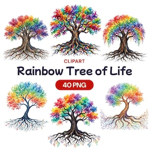 Könnte beinhalten: Sechs Aquarell-Illustrationen von Bäumen mit regenbogenfarbenen Blättern und braunen Stämmen und Wurzeln. Der Text "CLIPART" und "Rainbow Tree of Life" sind über den Bäumen abgebildet, mit "40 PNG" in einem roten Oval.