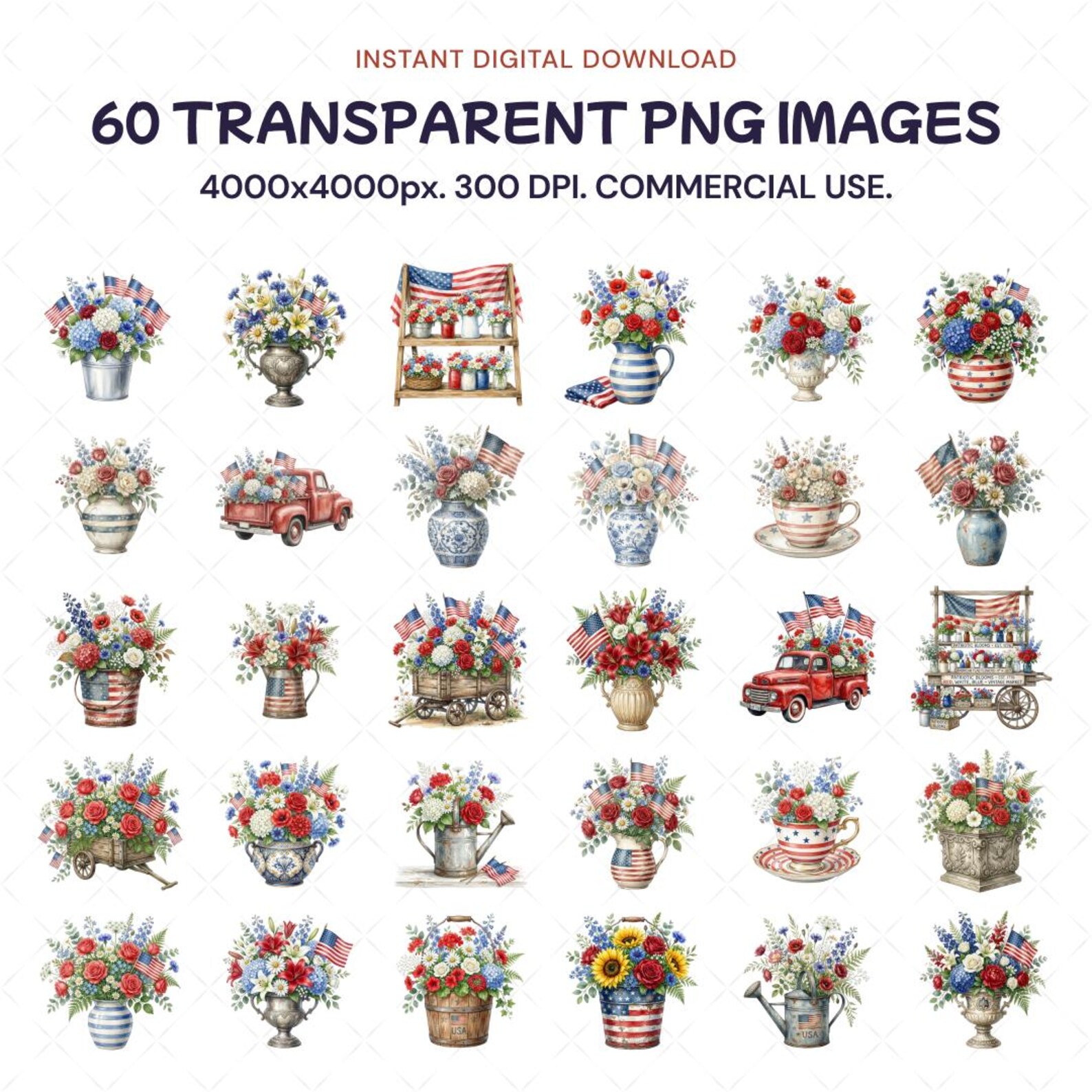 Vintage Patriotic Clipart, Watercolor 4th of July Floral PNG, Red White ...