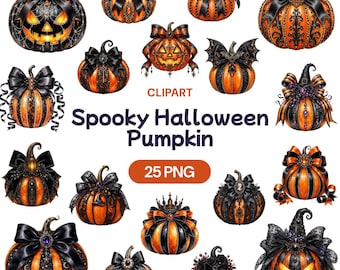 Spooky Halloween Pumpkin Clipart Bundle, Gothic Jack o Lantern PNG Graphics