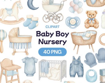 Watercolor Baby Boy Nursery Clipart, Blue Nursery Decor PNG (digital ...