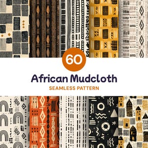Op de afbeelding: Een collectie van 60 naadloze digitale patronen met Afrikaanse mudcloth-ontwerpen. De afbeeldingen tonen geometrische vormen, lijnen, stippen en abstracte motieven in zwart, wit, oranje en beige in herhalende verticale en horizontale lay-outs.