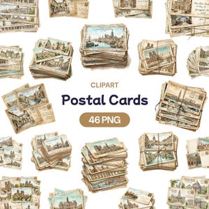Op de afbeelding: Een verzameling vintage ansichtkaarten met aquarel illustraties van verschillende bezienswaardigheden en stadsgezichten. De ansichtkaarten zijn opgestapeld en gebundeld, met de tekst "Postcard" zichtbaar op sommige. De afbeelding bevat ook de tekst "Clipart", "Postal Cards" en "46 PNG".