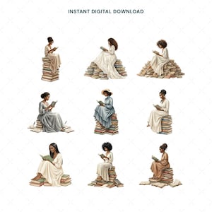 Puede incluir: Descarga digital con ilustraciones de acuarela de mujeres leyendo. Cada mujer est&aacute; sentada sobre una pila de libros, vestida con vestidos fluidos. La paleta de colores incluye tonos suaves de beige, azul y marr&oacute;n. El texto "INSTANT DIGITAL DOWNLOAD" est&aacute; en la parte superior.