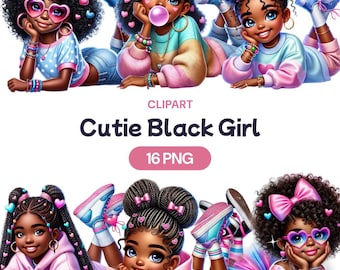 Black Girl Clipart, Kawaii Watercolor PNG, Commercial Use (16 Files)