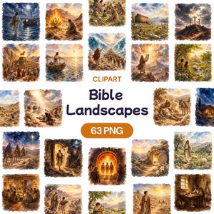 Pode incluir: Uma coleção digital de paisagens bíblicas com 63 arquivos PNG contendo ilustrações em estilo aquarela de várias cenas bíblicas, incluindo o Mar Vermelho, a crucificação e a natividade, rotulada com o texto Bible Landscapes.