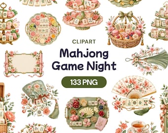 Puede incluir: Una colección digital de imágenes prediseñadas Mahjong Game Night con 133 archivos PNG. Las imágenes incluyen soportes para postres, cestas tejidas, arreglos florales, abanicos decorativos, juegos de té y fichas de Mahjong con flores.