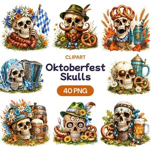 Oktoberfest Skull Clipart, Bavarian Skeletons, Beer Stein Art (40 PNG)