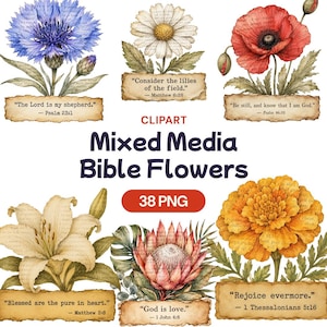 Op de afbeelding: Waterverf clipart met verschillende bloemen, waaronder een blauwe korenbloem, een witte madelief en een rode klaproos. Elke bloem heeft een bijbelcitaat op een banner. De tekst "Mixed Media Bible Flowers" en "38 PNG" zijn ook aanwezig.