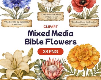 Mixed Media Bible Flowers Clipart, Antique Scripture Floral PNG, Christian Faith Graphic, Holy Devotion Decor, Botanical Art