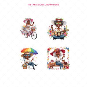 May include: Digital download featuring four illustrations of a woman enjoying leisure activities. The images include a woman on a bicycle, playing a guitar, sitting under an umbrella, and sitting at a picnic table, all with a glass of wine.