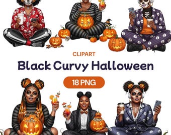 Black Curvy Halloween Women Clipart, African American Cute Girl with Coffee Cocktail PNG, Kawaii Pumpkin Fun Costume, Commercial Use License