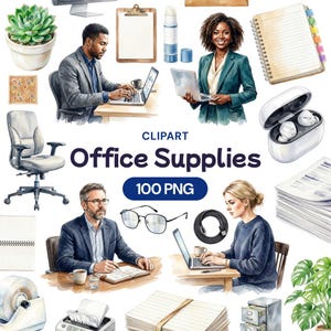 May include: A watercolour clipart set of office supplies and people. Includes a succulent, a desk chair, a notepad, a laptop, glasses, and the text "Office Supplies 100 PNG".