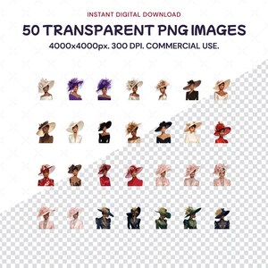 May include: A collection of 50 transparent PNG images featuring illustrations of women's hats in various styles and colors. The hats are adorned with feathers, flowers, and other decorative elements. The text at the top says "INSTANT DIGITAL DOWNLOAD".