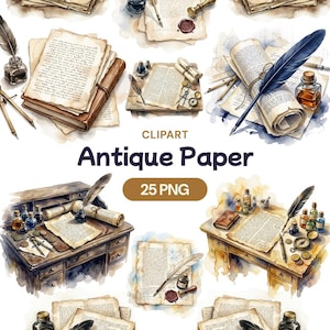 May include: Watercolor clipart featuring antique paper elements. The image includes aged paper, inkwells, quill pens, rolled scrolls, and small desks. The text "Antique Paper" and "25 PNG" are also present. The color palette consists of sepia tones, browns, and blues.