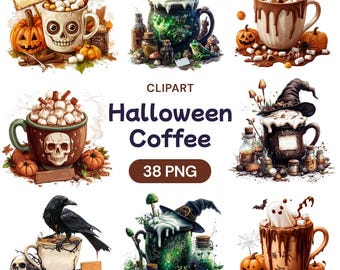 Halloween Coffee Clipart, Watercolor Gothic PNG (Instant Download)