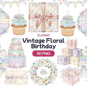 Könnte beinhalten: Aquarell-Clipart-Set mit Vintage-Blumen-Geburtstagsthema. Enthält eine mehrstöckige Torte, Cupcakes, Geschenkboxen, einen Kranz und einen Umschlag. Der Text lautet "Vintage Floral Birthday" und "50 PNG".