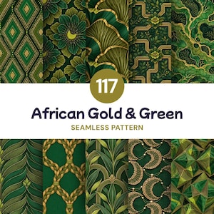 May include: A collection of 117 seamless patterns featuring African Gold & Green designs. The digital graphics display various intricate motifs including geometric diamonds, floral arrangements, layered fan shapes, braided textures, and faceted green surfaces.