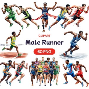 May include: Illustrations of male runners in action, some crossing the finish line. The images show athletes in various poses, with the text "CLIPART Male Runner 60 PNG" included.