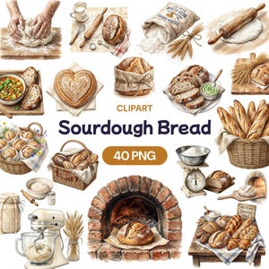 Könnte beinhalten: Aquarell-Illustration verschiedener Sauerteigbrot-Elemente. Enthält Brotlaibe, Körbe, Zutaten und Backutensilien. Der Text "Sourdough Bread" und "40 PNG" ist ebenfalls sichtbar.