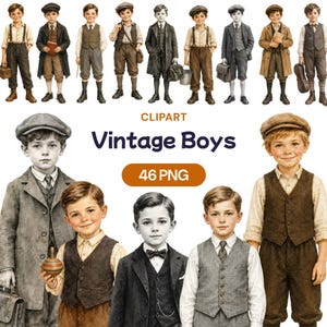 Vintage Boys Clipart, Retro Newsboy PNG, Victorian Youth Graphic, Sepia Tones (46 PNG)