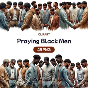 Biddende zwarte mannen clipart, aquarel Afro-Amerikaanse religieuze jongensgroep PNG, mannelijke christelijke spirituele gebedshand, licentie commercieel gebruik