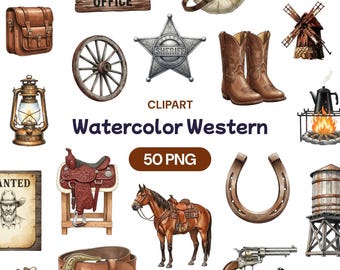 Watercolor Western Clipart, Cowboy Ranch PNG, Wild West Rodeo Bundle, Rustic Farm Decor