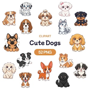 Puede incluir: Ilustraciones de perros de dibujos animados de varias razas, incluyendo un dálmata, un bulldog, un beagle y un husky. La imagen incluye el texto "CLIPART Cute Dogs" y "52 PNG".