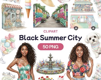 Black Summer City Clipart, 50 African American Summer PNG, Urban Vacation Graphics, Tropical Floral Fashion Art, Melanin City Life Bundle